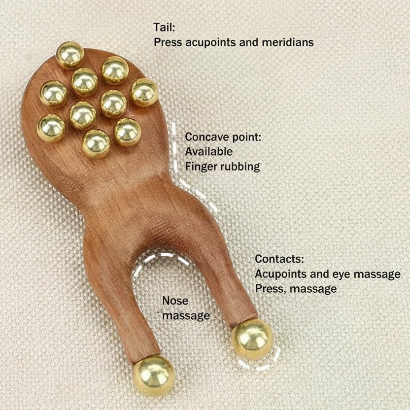 BRASSFLOW Dřevěný masážní nástroj Gua Sha na obličej s mosaznými kuličkami pro relaxaci