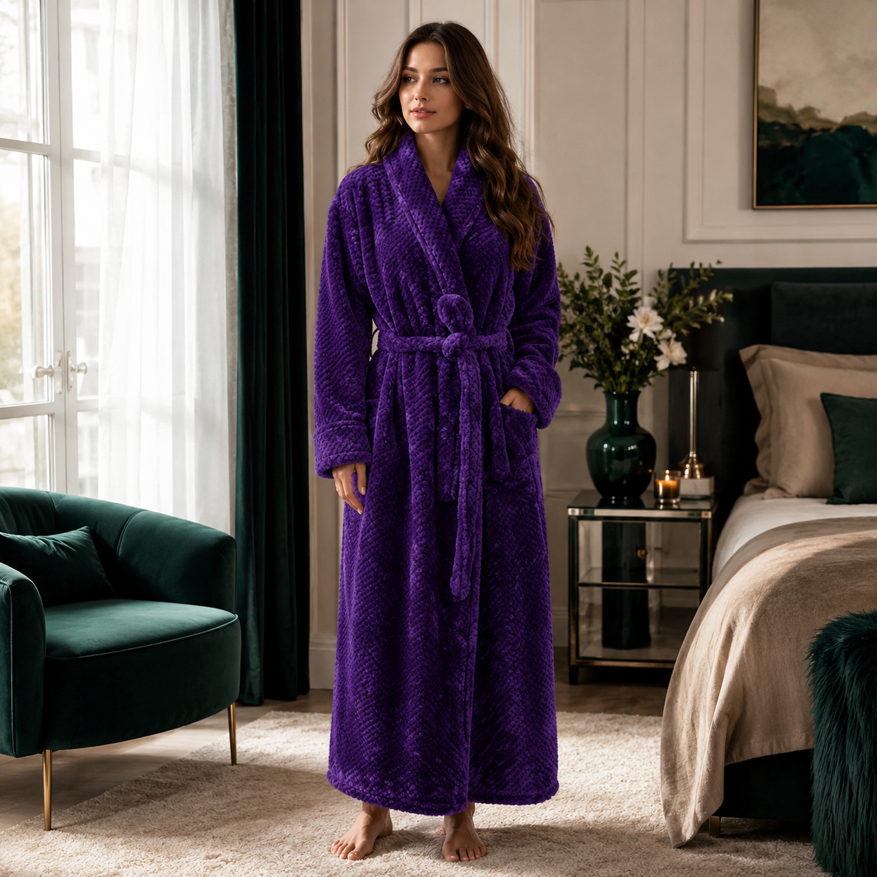 Robe de banho macio em fleece para relaxar e descansar confortavelmente em casa