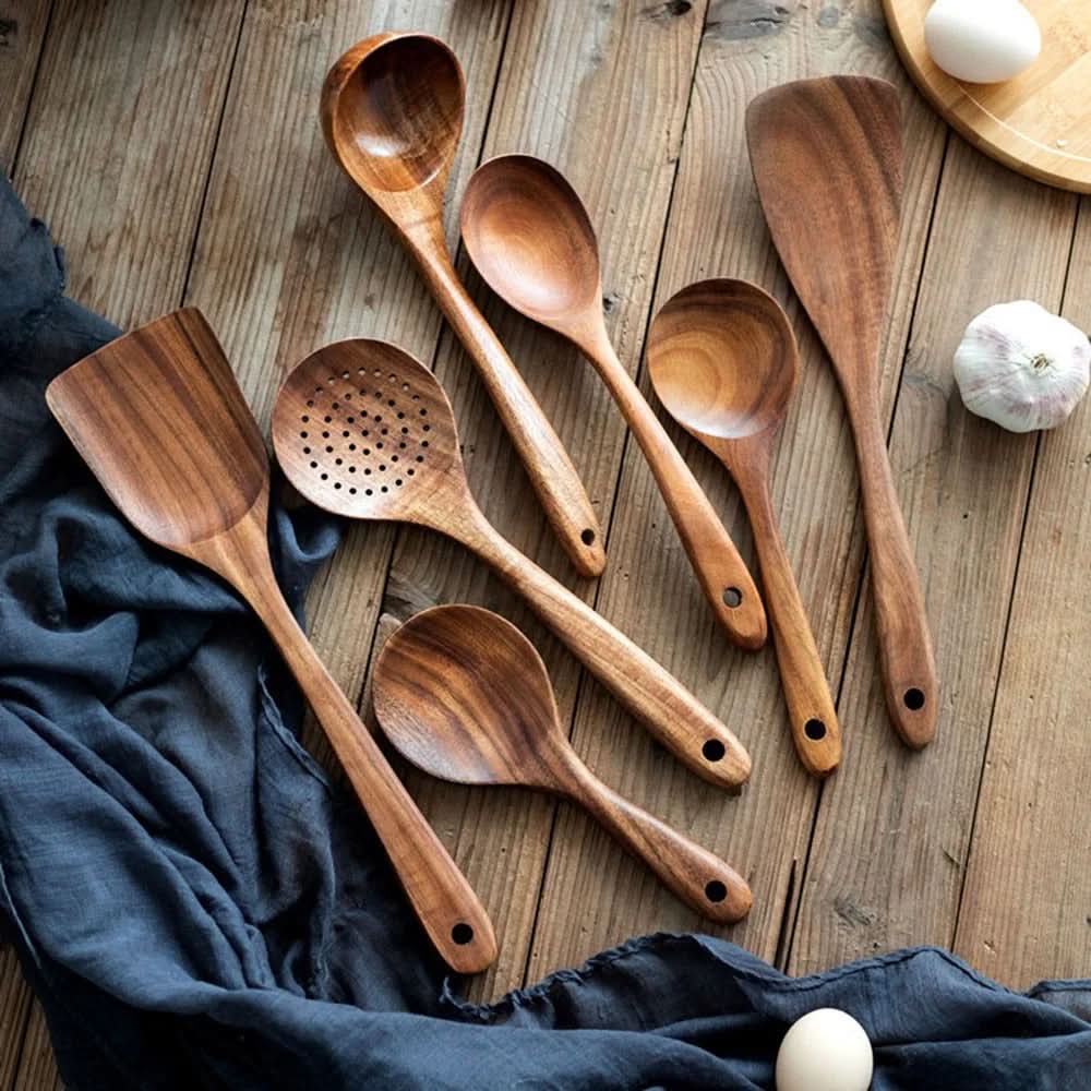 Naturlig teak kjøkkenredskapssett, ripefritt, elegant for hjemme-kokker