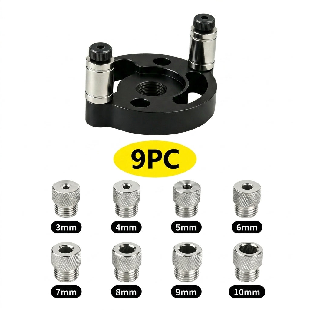 Guide de perçage pour assemblage bois en aluminium avec trous auto-centreurs