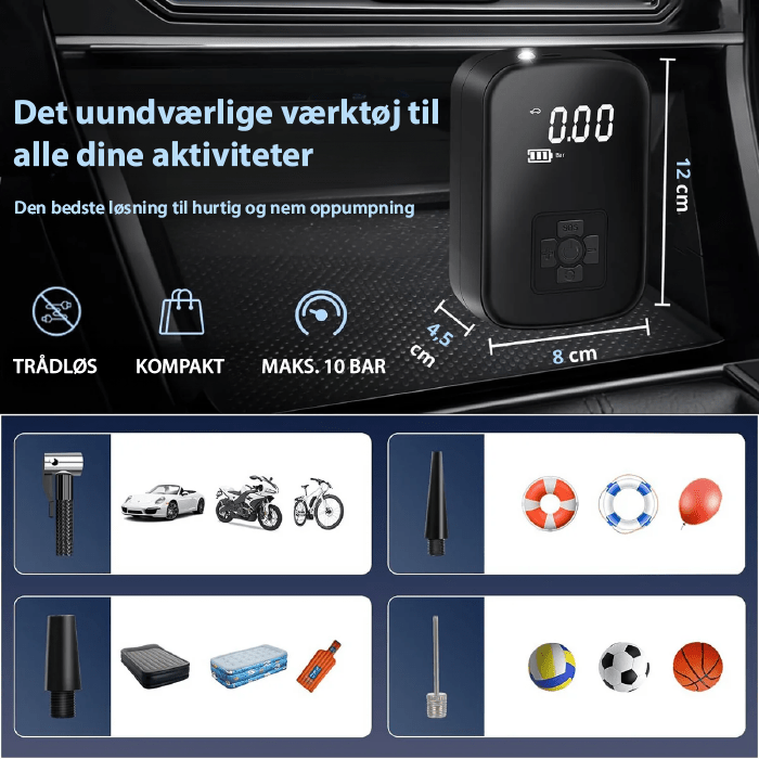 Kompakt elektrisk luftpumpe bærbar oppusterværktøj til dæk, bolde og madrasser