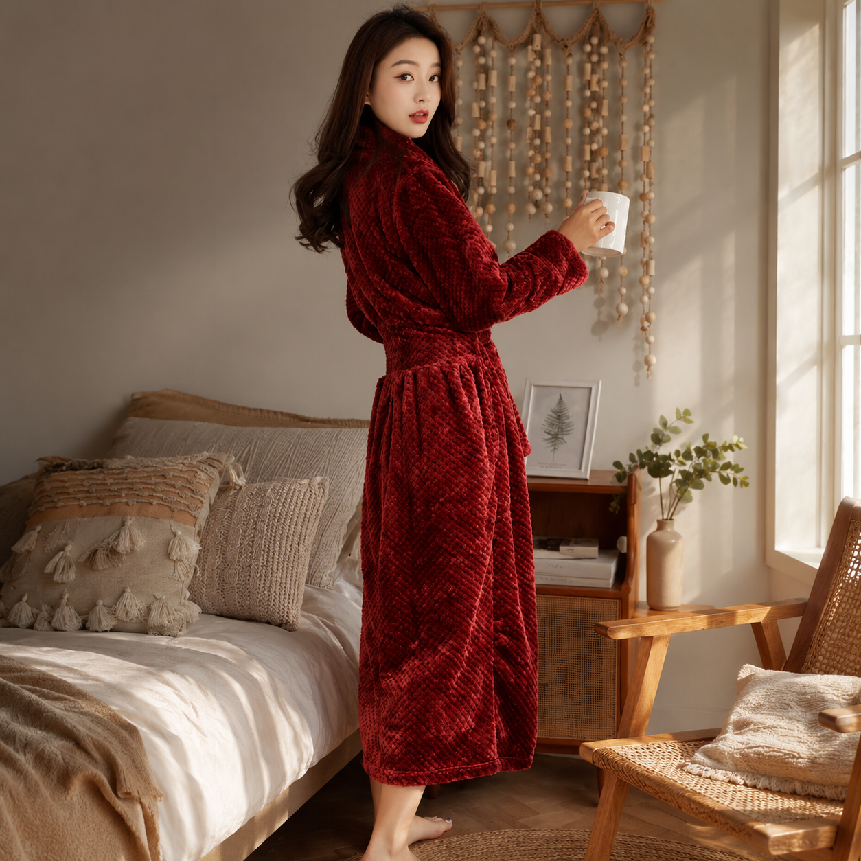 Robe de banho macio em fleece para relaxar e descansar confortavelmente em casa