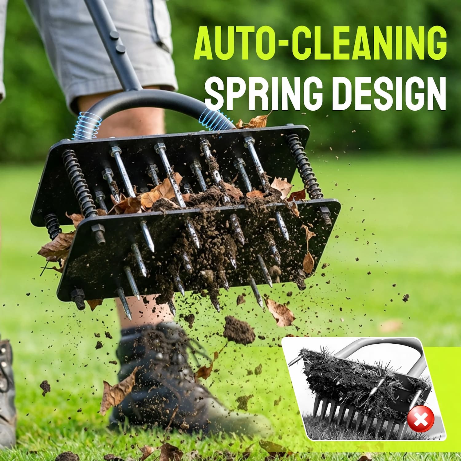 Self-Cleaning Lawn Aerator With Adjustable Height And 15 Spikes