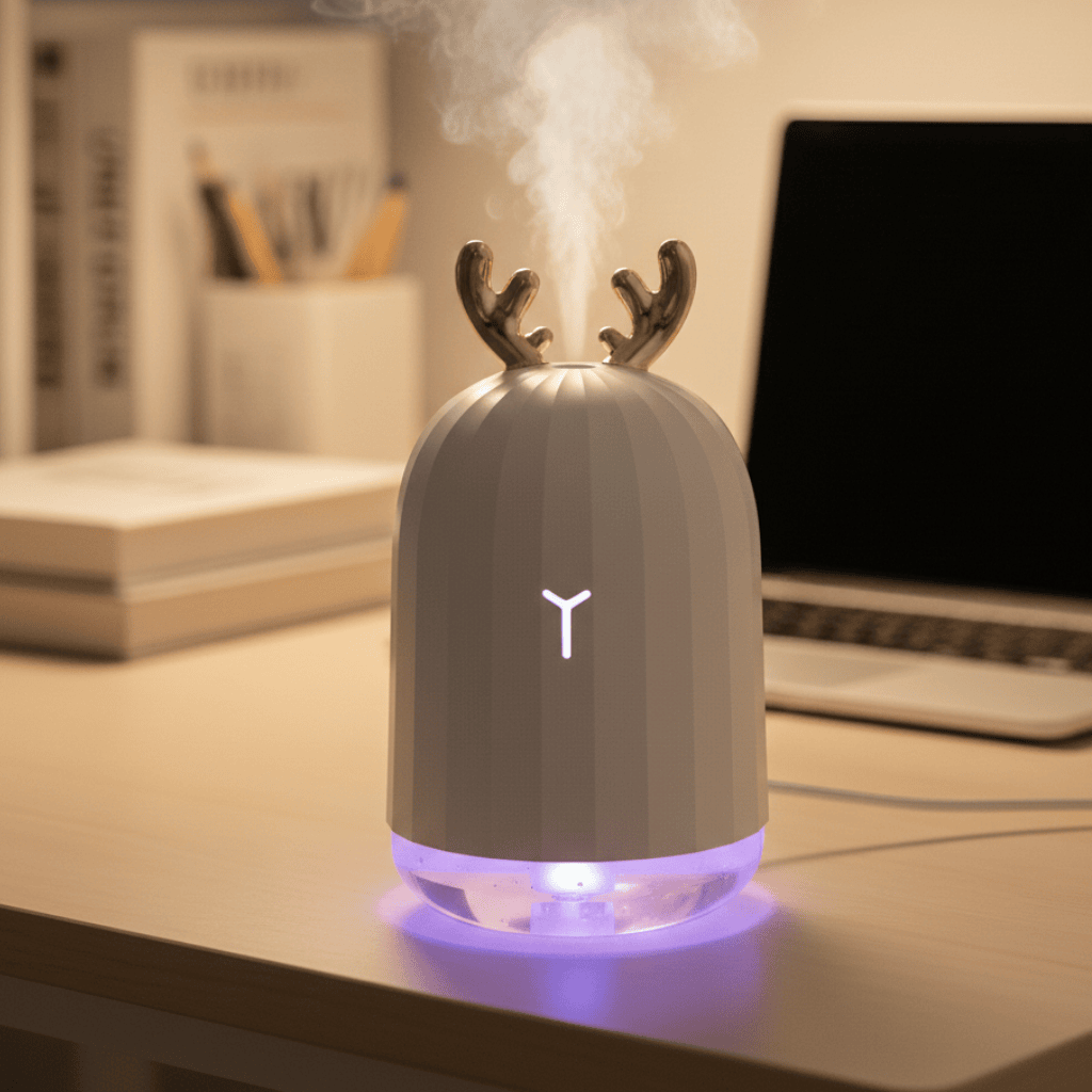 DEERSOFT kompakt hjorte-luftfugter med farverig LED-belysning og automatisk slukning