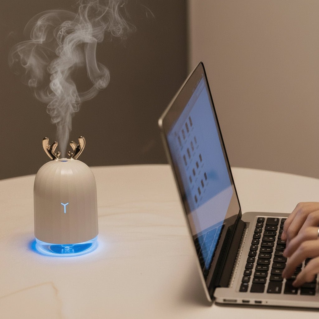 DEERSOFT kompakt hjorte-luftfugter med farverig LED-belysning og automatisk slukning