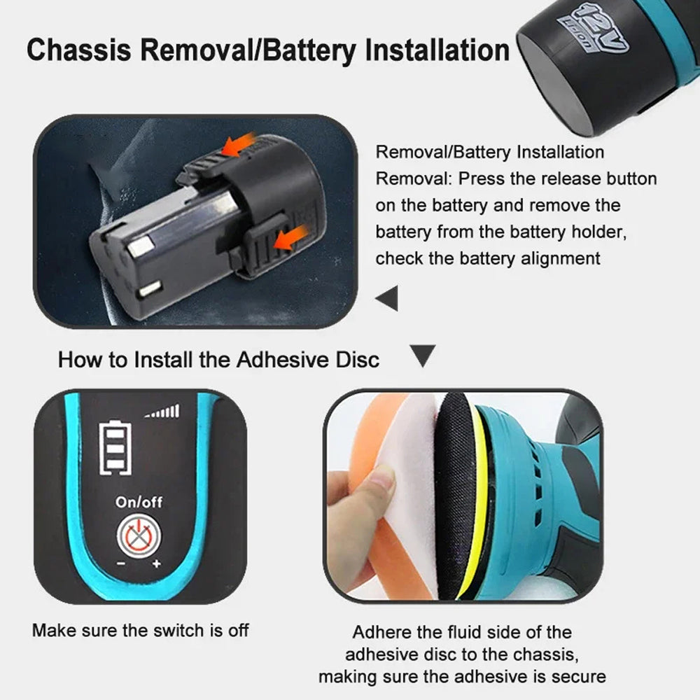 Lucidatrice per auto cordless con doppia azione e trasmissione orbitale, 8 velocità, batteria 12V