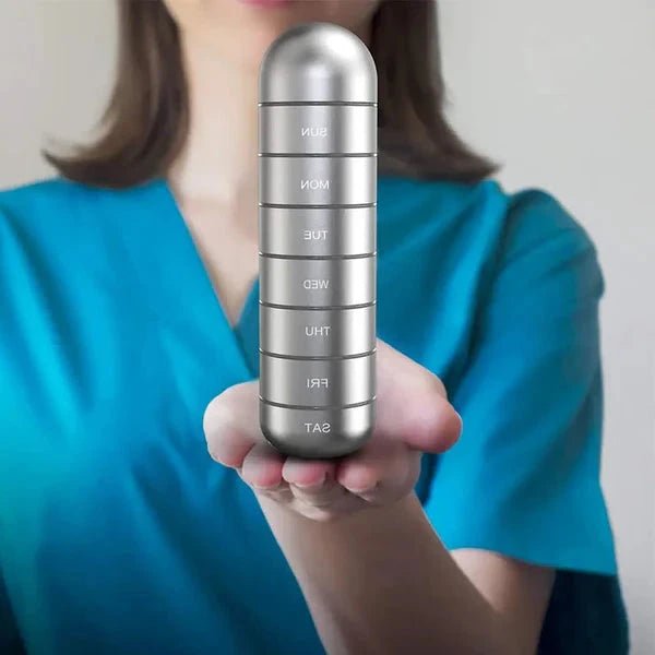 Organizator de pastile DOSEVAULT din aluminiu pentru săptămână, cu depozitare mare, rezistent la apă