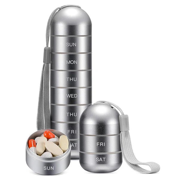 Organizator de pastile DOSEVAULT din aluminiu pentru săptămână, cu depozitare mare, rezistent la apă