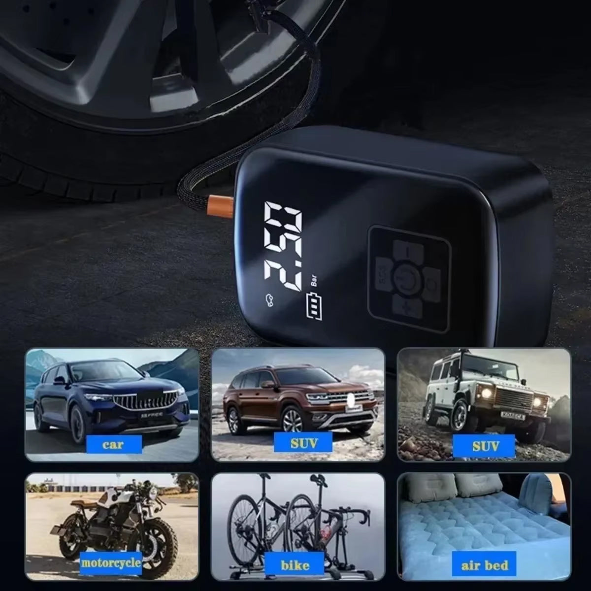 Pompa de aer fără fir pentru umflarea ușoară a anvelopelor auto acasă sau în drum