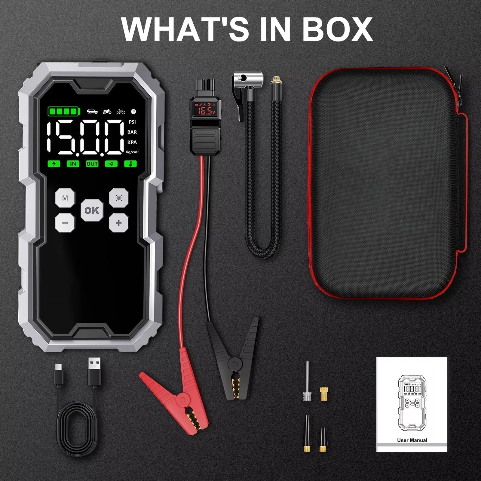 6000A Startbooster og dekkpumpe, 21800mAh, 150 PSI, 2,7 tommers LCD-skjerm