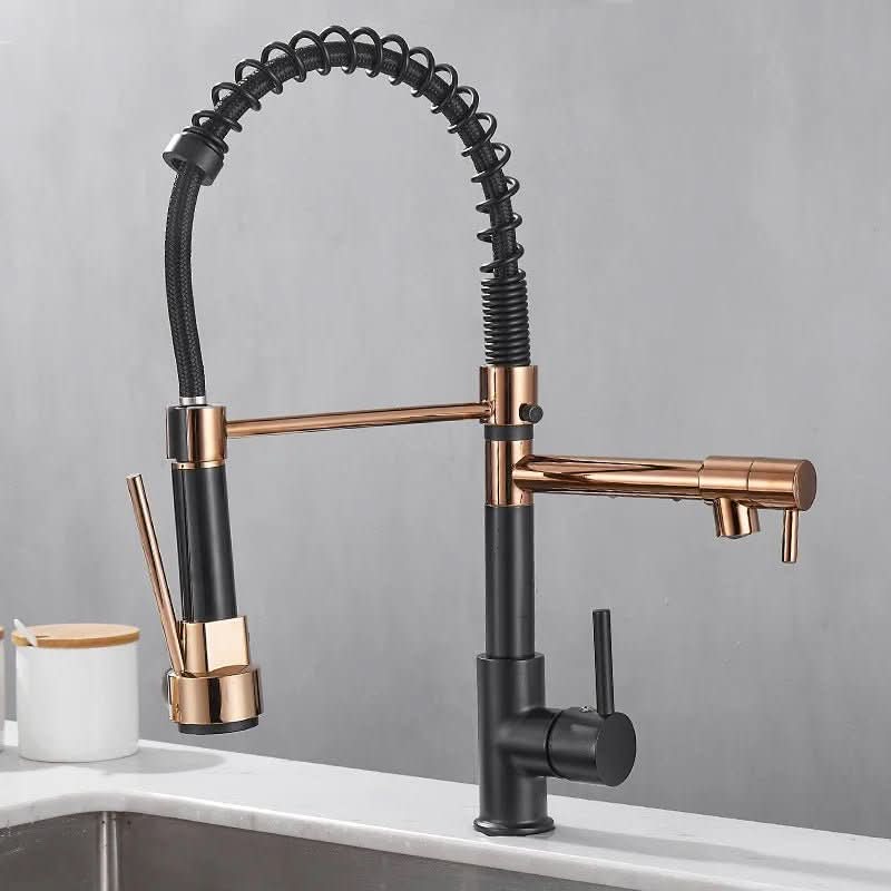 DualFlow schwarzer und goldener Messing-Küchenhahn mit zwei Ausläufen und einem Hebel