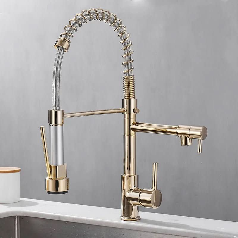 DualFlow schwarzer und goldener Messing-Küchenhahn mit zwei Ausläufen und einem Hebel