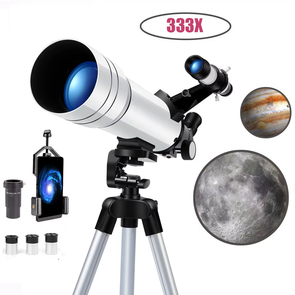 Dětský astronomický dalekohled, průměr objektivu 70 mm, 6násobné zvětšení, Barlow čočka, adaptér na telefon
