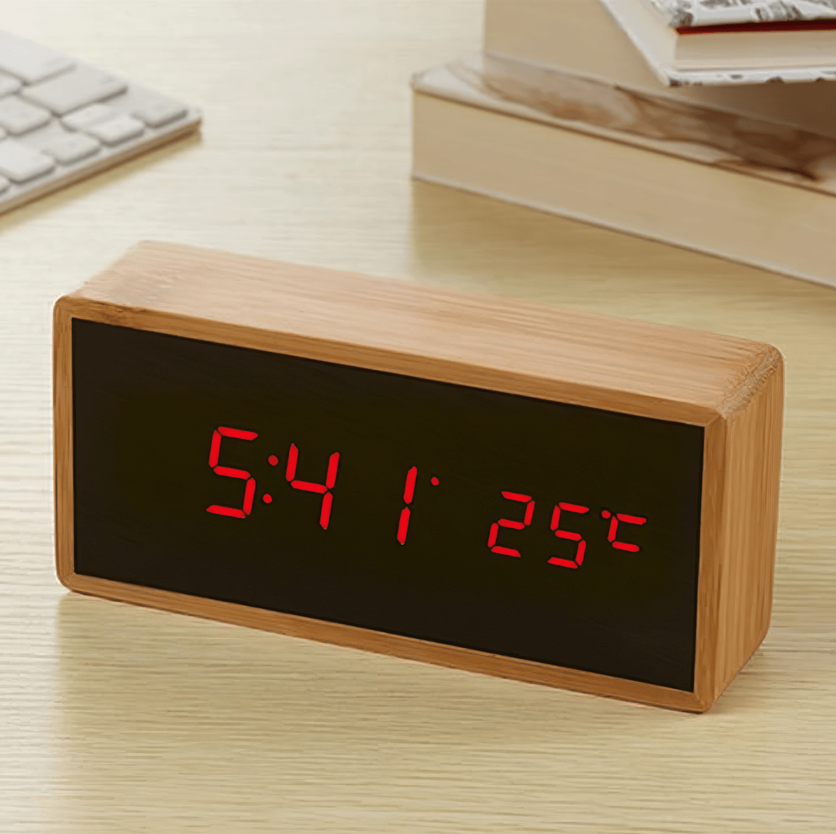 ECOCLOCK Bambus-Wecker mit LED-Zeitanzeige und Temperaturanzeige