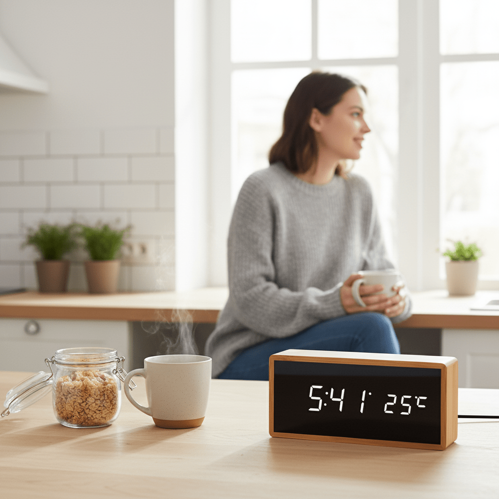 ECOCLOCK Bambus-Wecker mit LED-Zeitanzeige und Temperaturanzeige