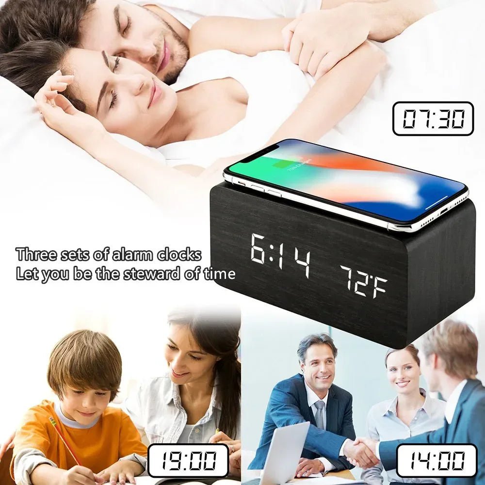 ELMTIME tre vekkerklokke med LED og trådløs lading
