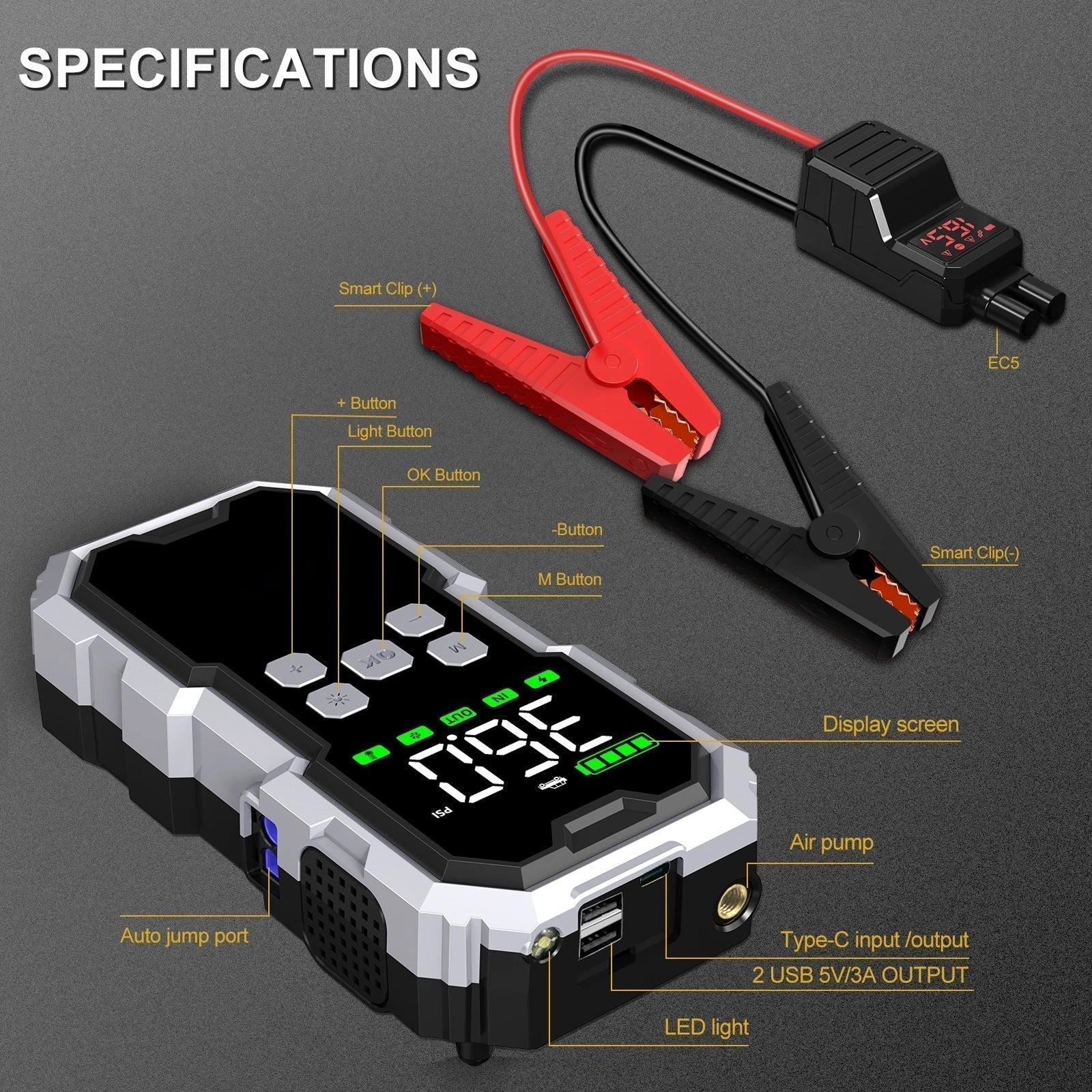 6000A Startbooster og dekkpumpe, 21800mAh, 150 PSI, 2,7 tommers LCD-skjerm