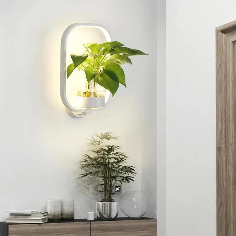 LED Plant Wall Light With Glass Vase And Warm Backlight, Metal Frame
