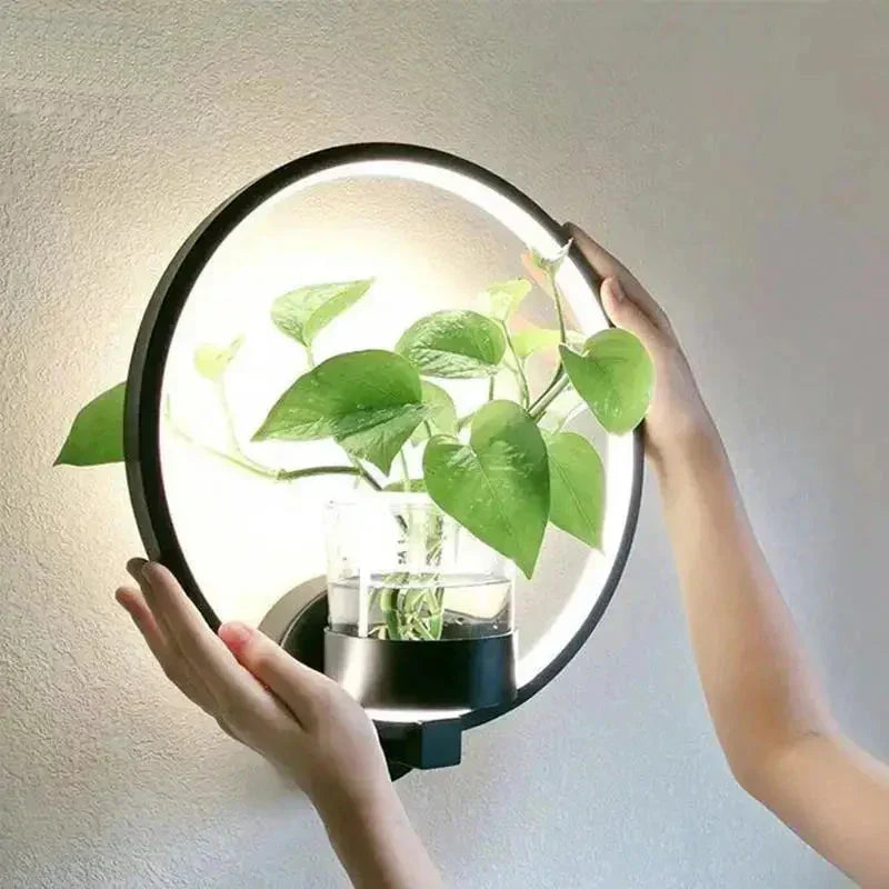 LED Plant Wall Light With Glass Vase And Warm Backlight, Metal Frame