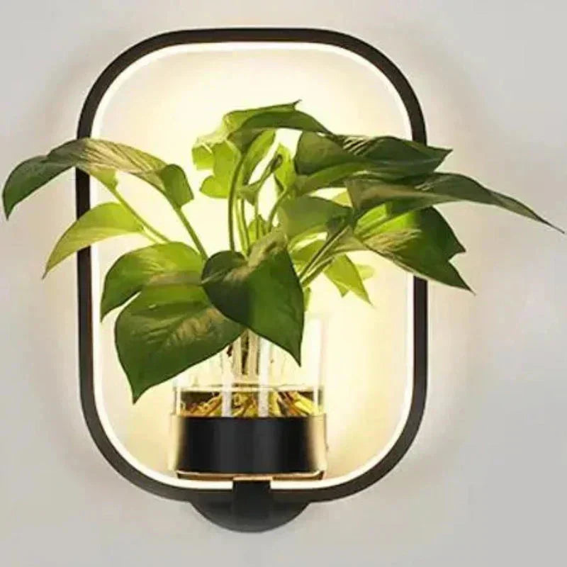 LED Plant Wall Light With Glass Vase And Warm Backlight, Metal Frame