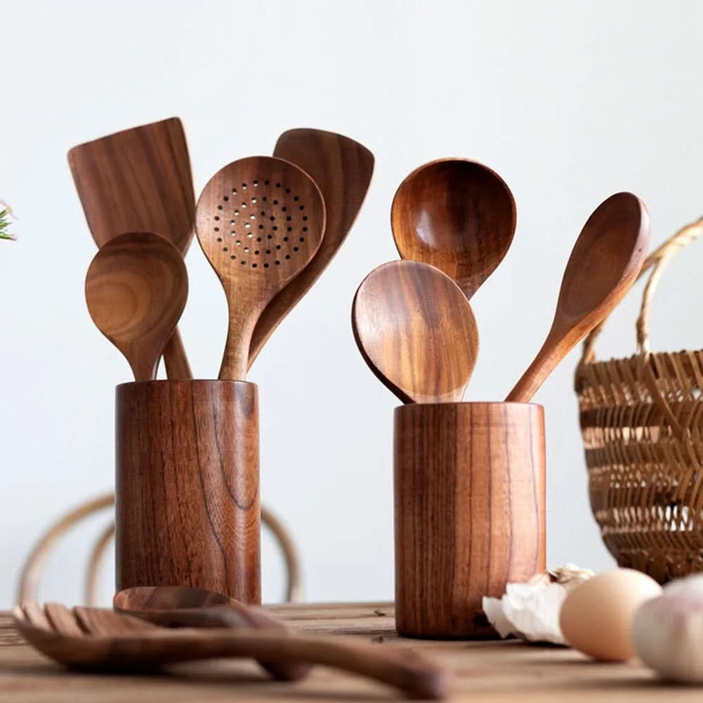 Naturlig teak kjøkkenredskapssett, ripefritt, elegant for hjemme-kokker