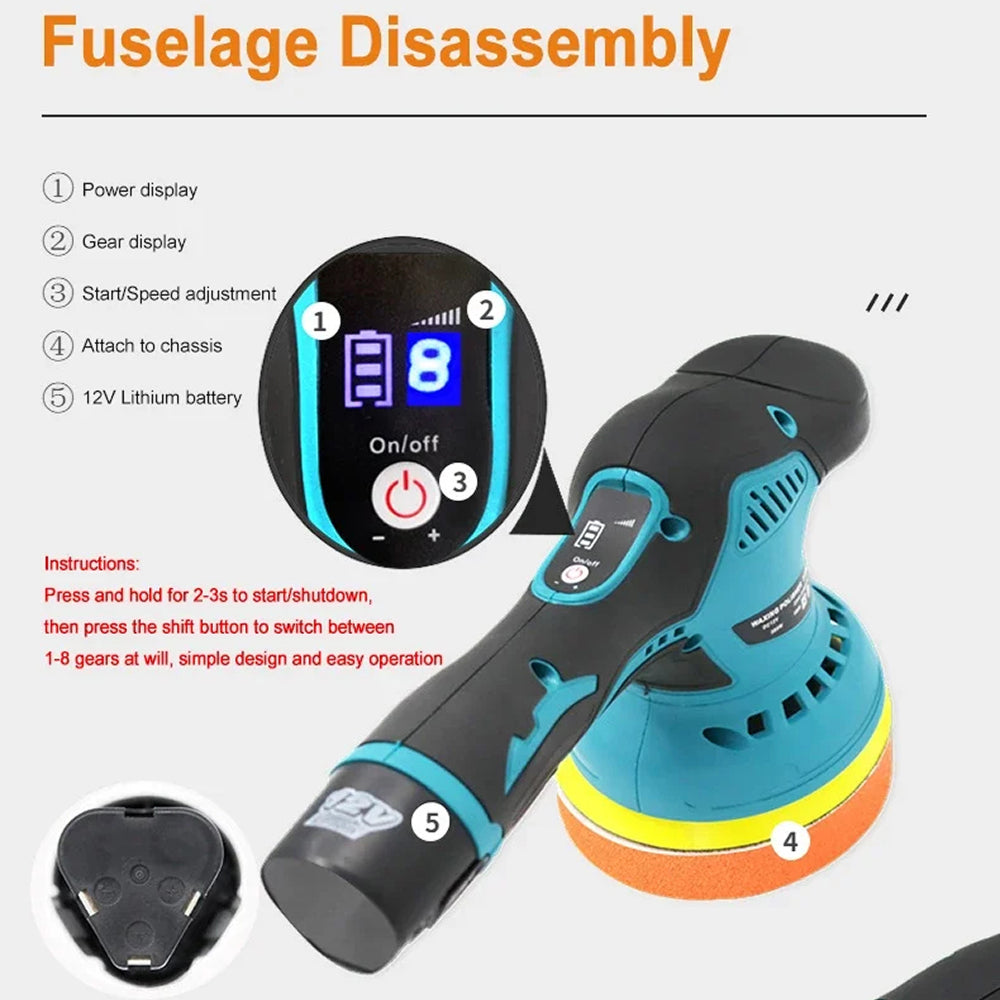Lucidatrice per auto cordless con doppia azione e trasmissione orbitale, 8 velocità, batteria 12V