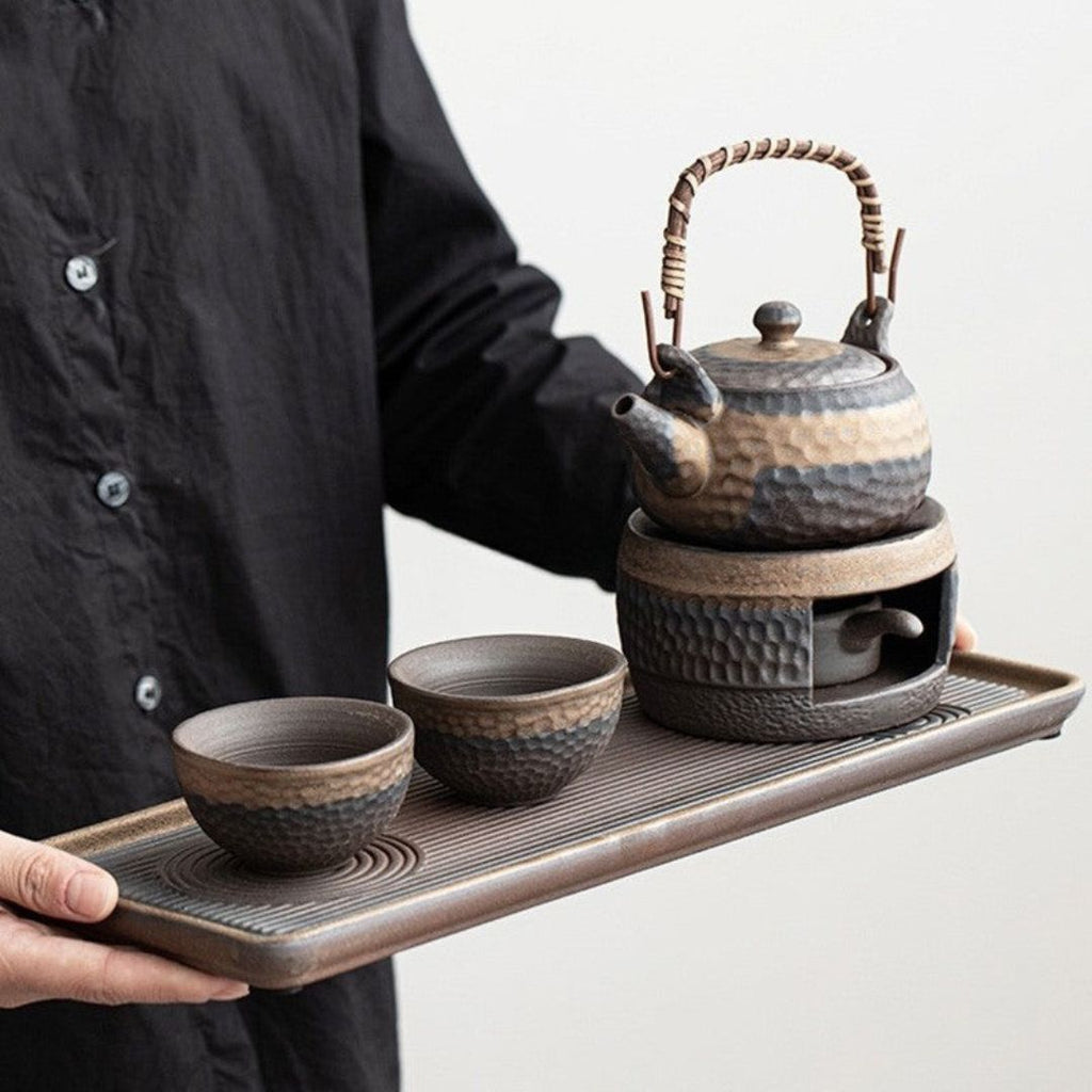 Japanisches Keramik-Teeset mit Warmhalter, 300 ml Teekanne und zwei Tassen