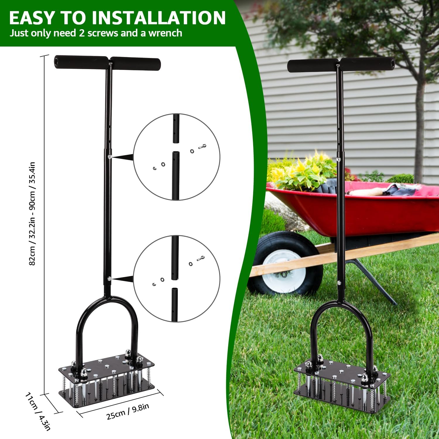 Self-Cleaning Lawn Aerator With Adjustable Height And 15 Spikes