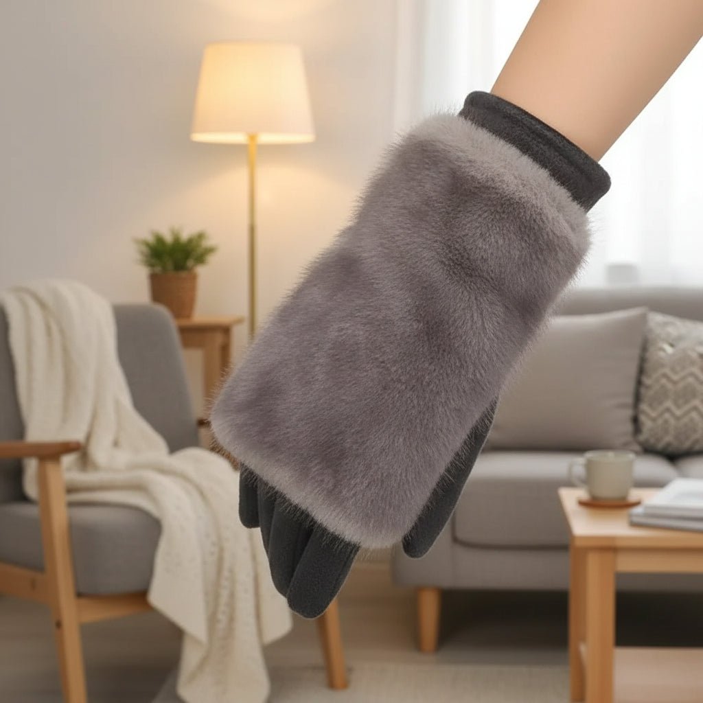 FURVIA Winter Gloves With Suede Finish And Rabbit Fur Lined