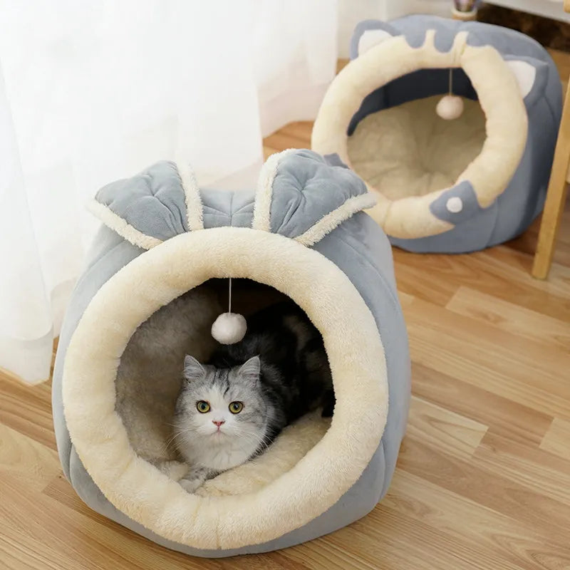 Cozy Soft Ears Cat Cave Bed Round For Snuggling And Hiding