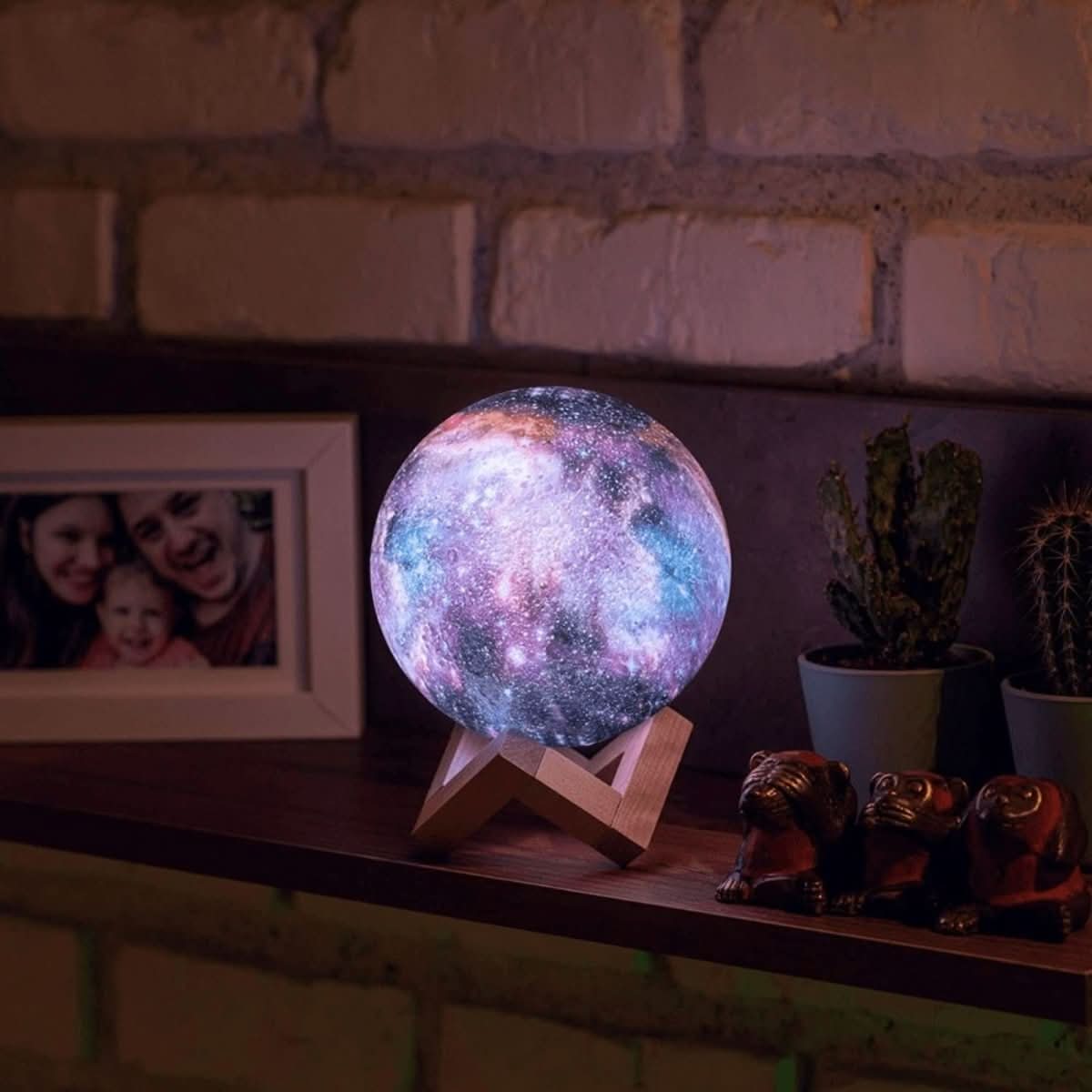 Galaxy Moon Lamp 3D Printed Light With 16 Colors, Wooden Stand And Remote