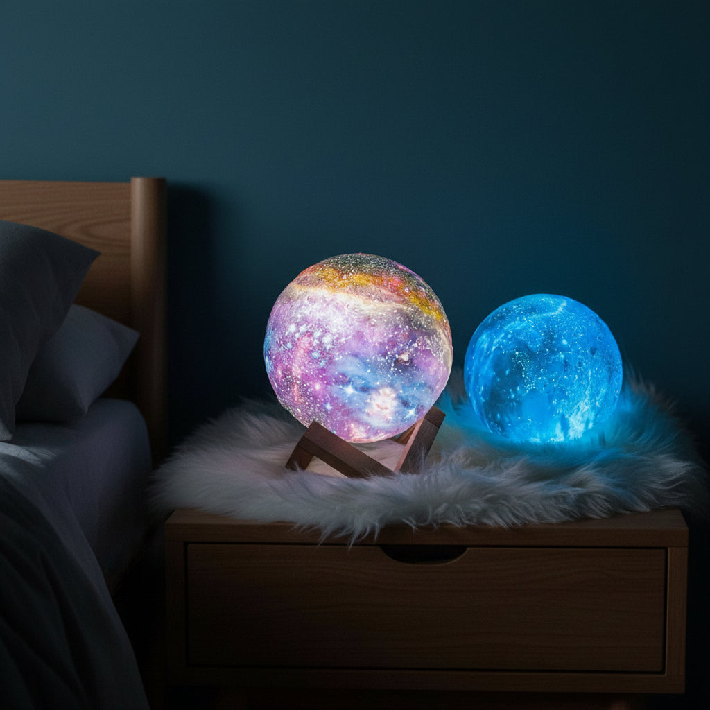 Galaxy Moon Lamp 3D Printed Light With 16 Colors, Wooden Stand And Remote