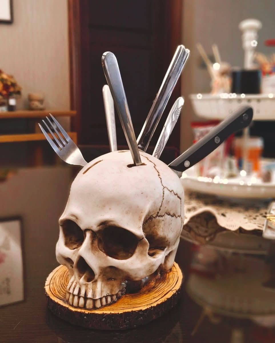 Gothic Skull Knife Holder For Dark Kitchen Decor Handmade Craft