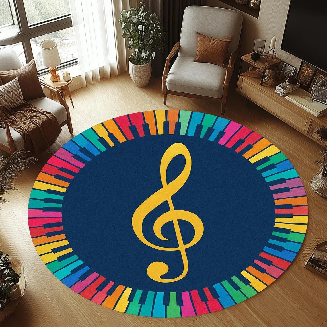 Tapis rond en flanelle confortable GUITARWAVE pour chambres d'enfants, antidérapant et lavable en machine