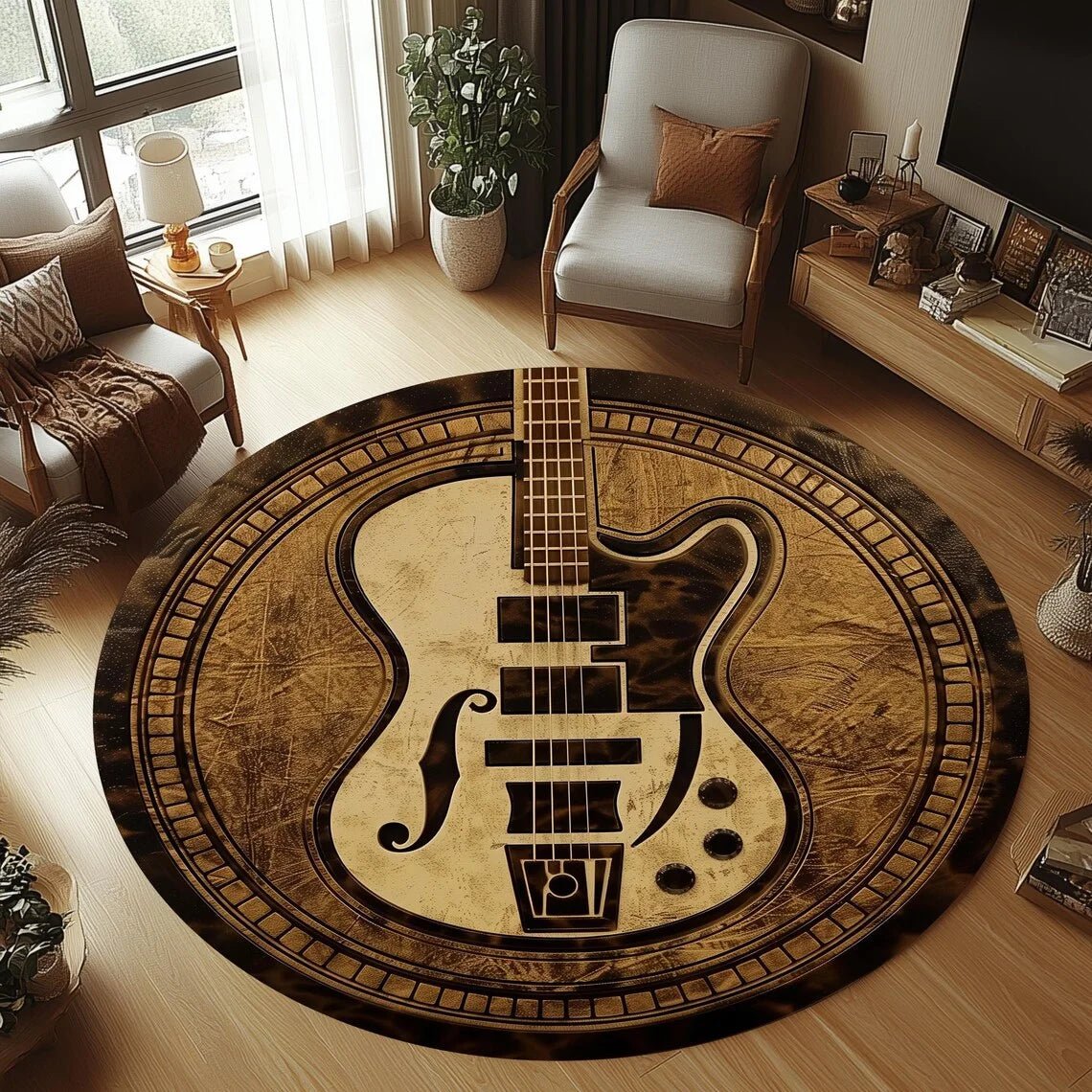 Tapis rond en flanelle confortable GUITARWAVE pour chambres d'enfants, antidérapant et lavable en machine