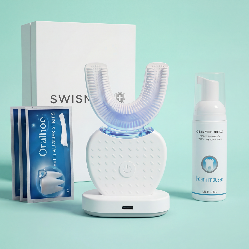 Swismile U-formet ultrasonisk elektrisk tannbørste med tannkrem og Whitestrips