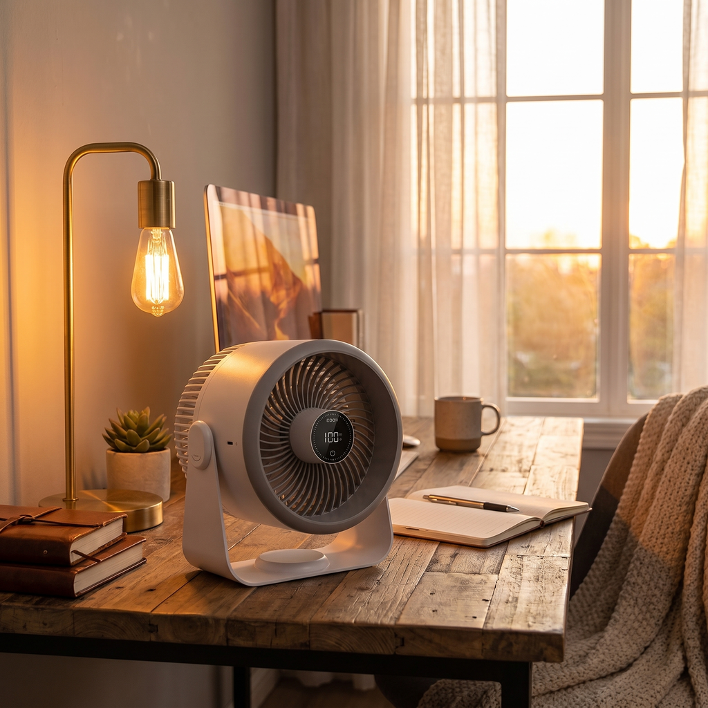 USB vzduchový cirkulační ventilátor s digitálním displejem, třemi rychlostními nastaveními, nástěnným uchycením, dobíjecí