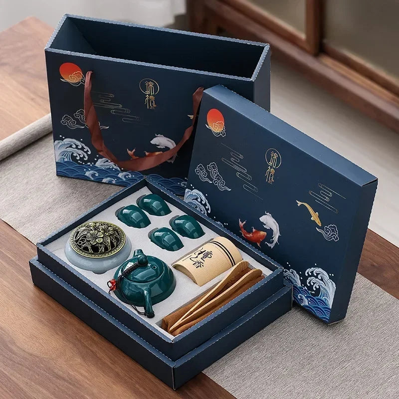 Elegant Teaset With Teapot Four Cups And Incense Holder