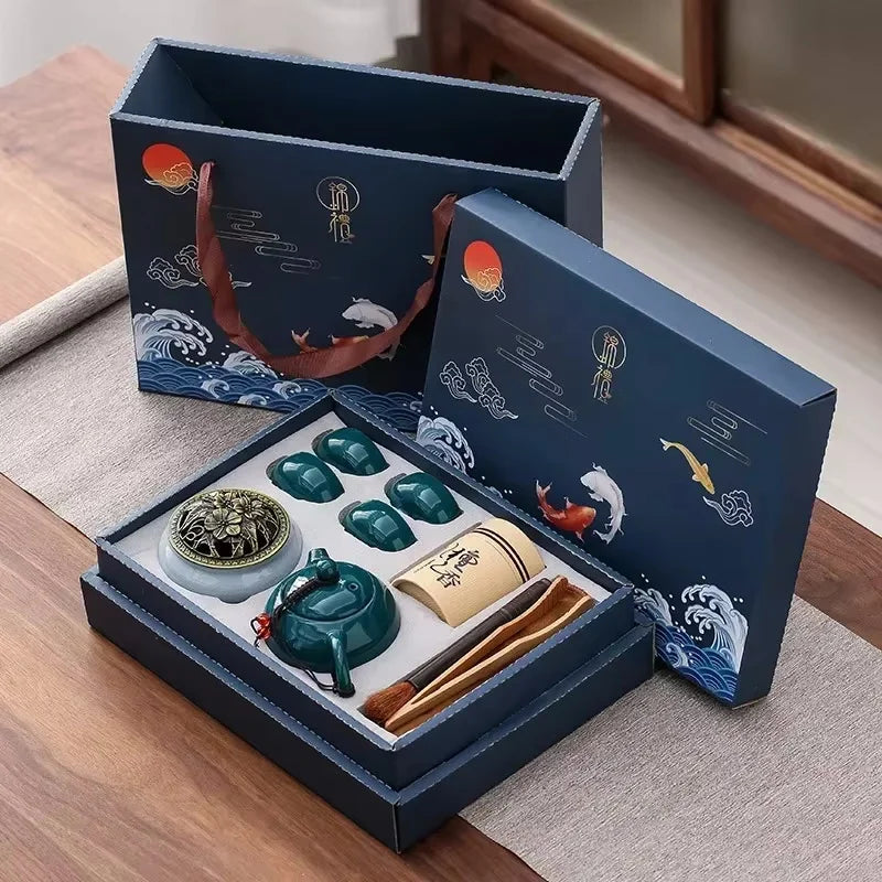Elegant Teaset With Teapot Four Cups And Incense Holder