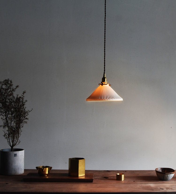 Japońska Krótka Ceramiczna Lampa Wisząca w Kształcie Żebrowanego Cylindra z LED