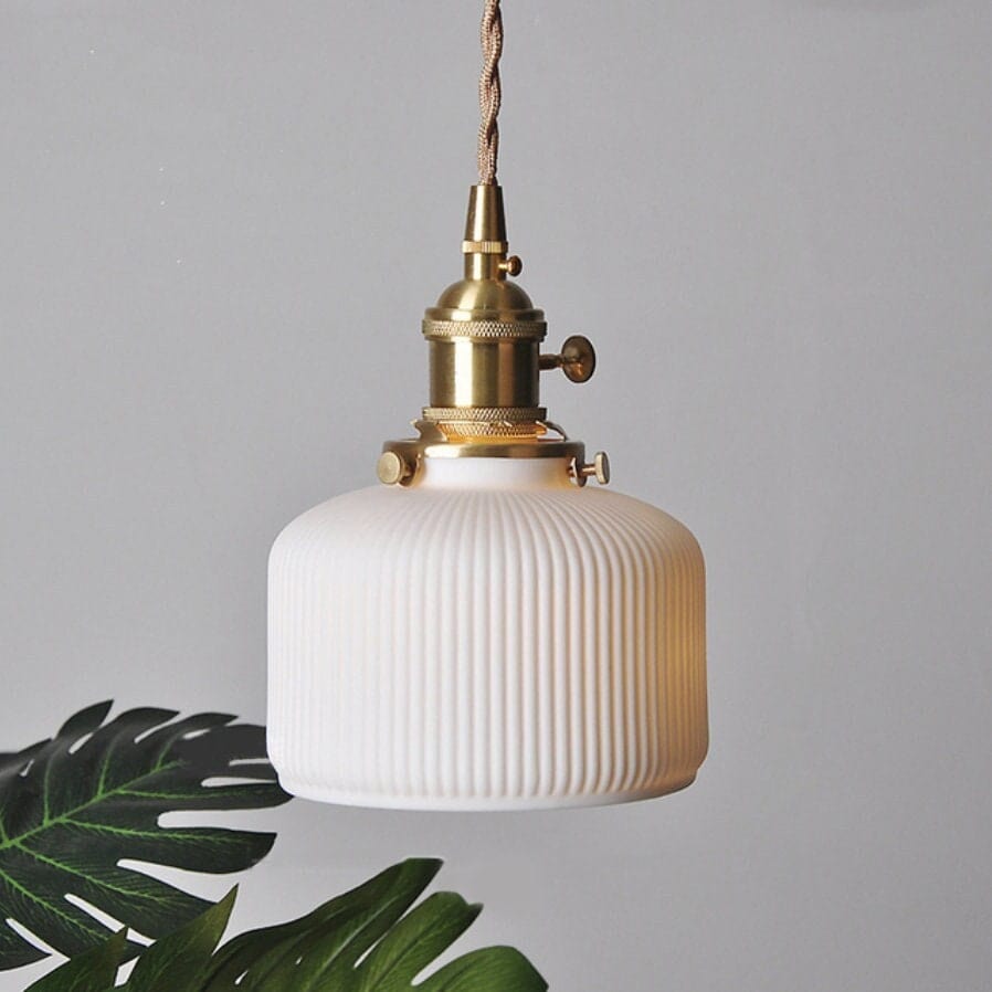 Japońska Krótka Ceramiczna Lampa Wisząca w Kształcie Żebrowanego Cylindra z LED