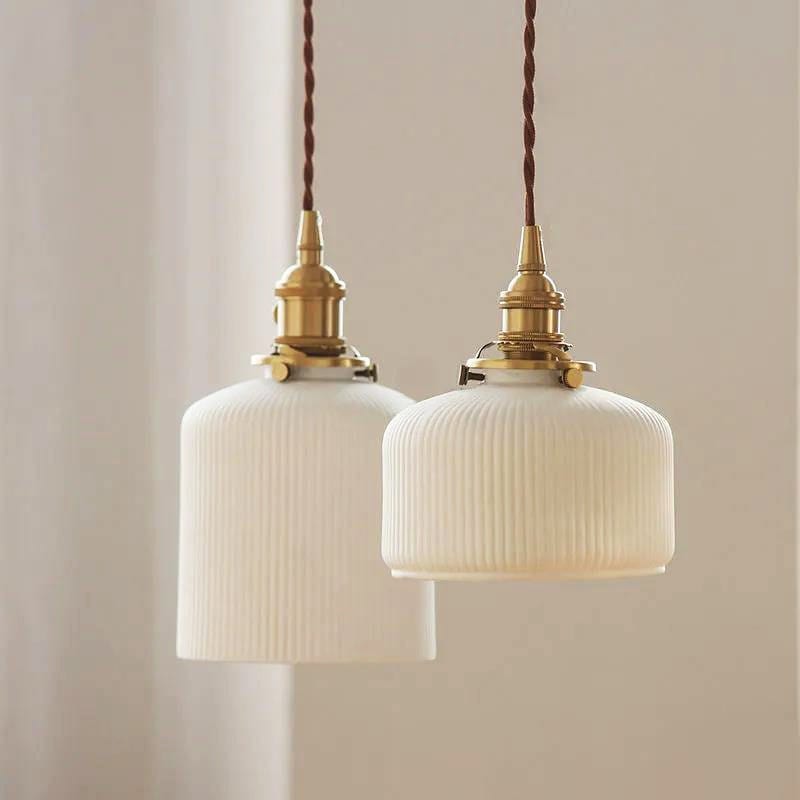 Japońska Krótka Ceramiczna Lampa Wisząca w Kształcie Żebrowanego Cylindra z LED