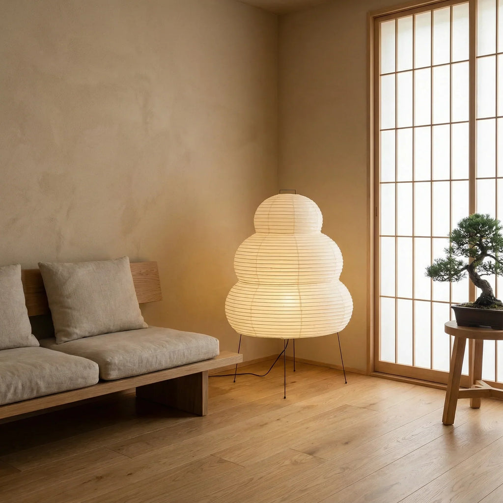 Floor Lamp With Rice Paper Shade In Layered Design