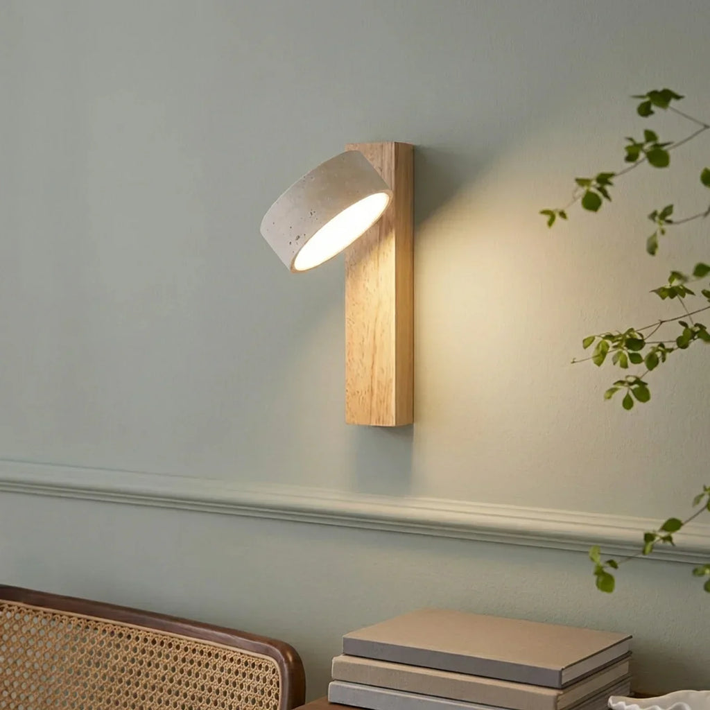 LED Wall Light With Travertine Shade And Wood Base Panel