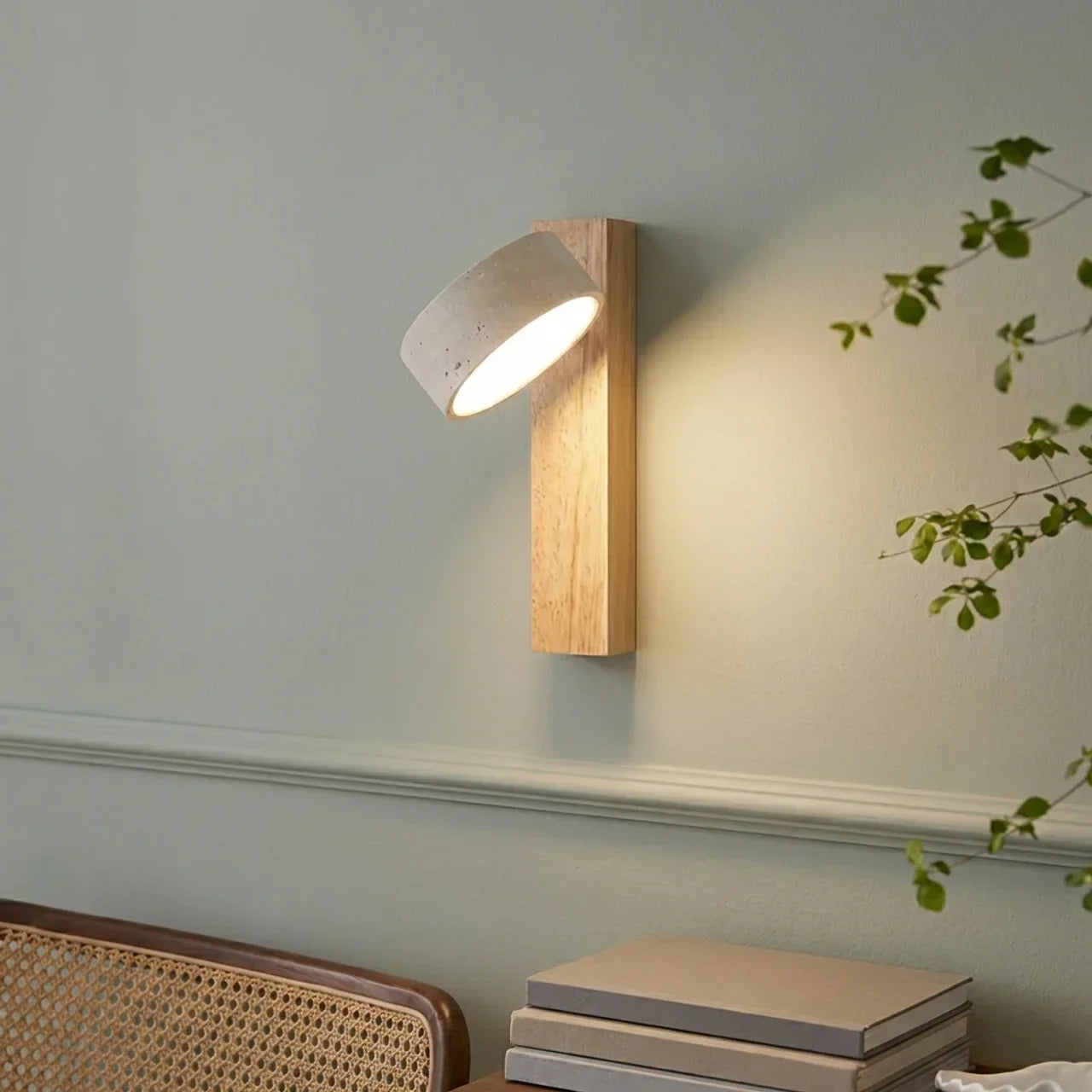LED Wall Light With Travertine Shade And Wood Base Panel