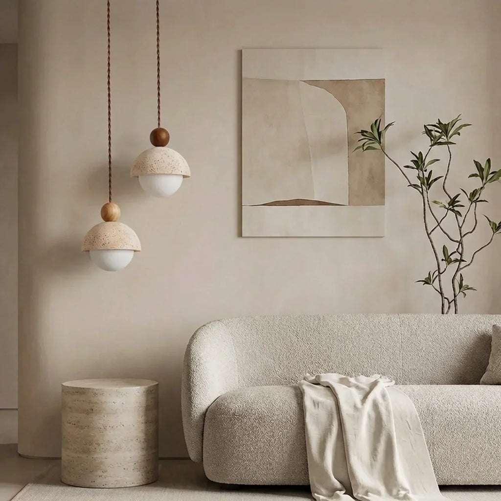 Lampada a sospensione con paralume in pietra di travertino e vetro per uso interno a soffitto