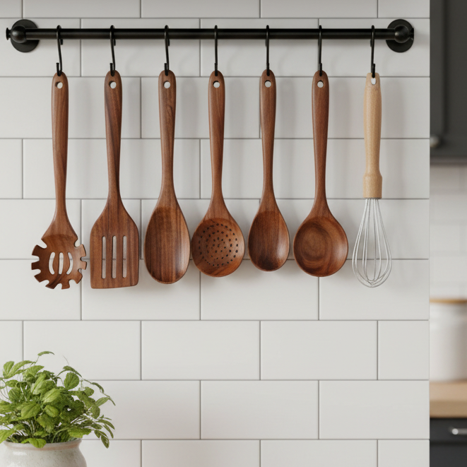 Naturlig teak kjøkkenredskapssett, ripefritt, elegant for hjemme-kokker