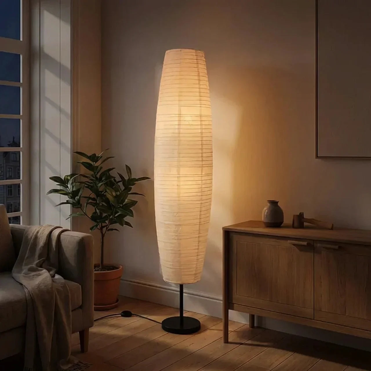 Reispapier-Stehlampe mit zwei Lichtquellen, schlanke vertikale Säule