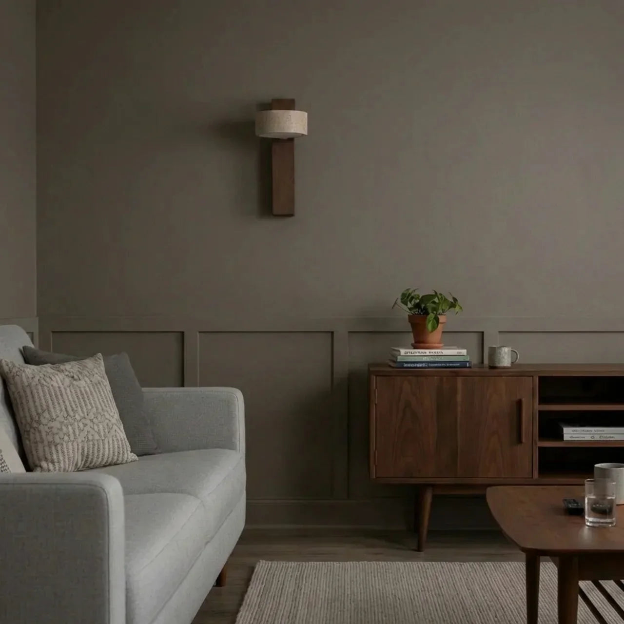 LED Wall Light With Travertine Shade And Wood Base Panel