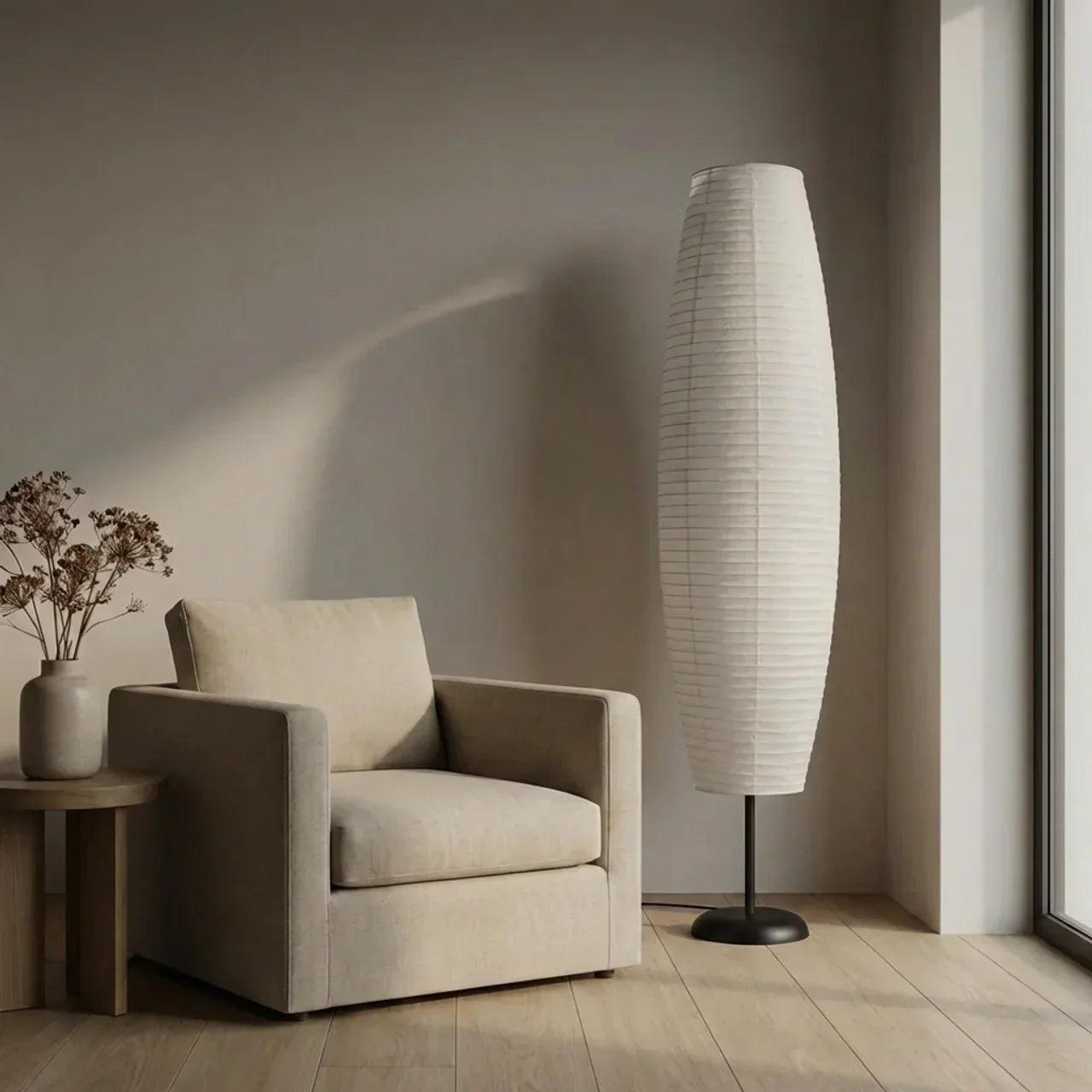 Reispapier-Stehlampe mit zwei Lichtquellen, schlanke vertikale Säule